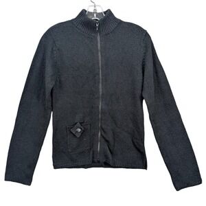 Kindred Spirit Cardigan Sweater Womens XS Black Linen Silk Zip Front Knit Pocket